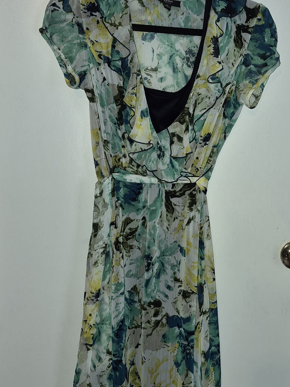 MSK Floral Ruffle Wrap Midi Dress in Teal, Yellow & Black